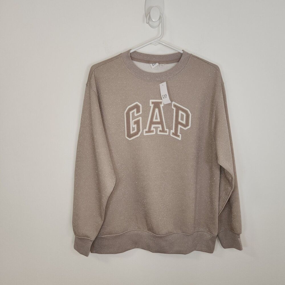 Gap Crewneck Metallic Shimmer Sweatshirt LOGO Spellout Khaki NWT MED